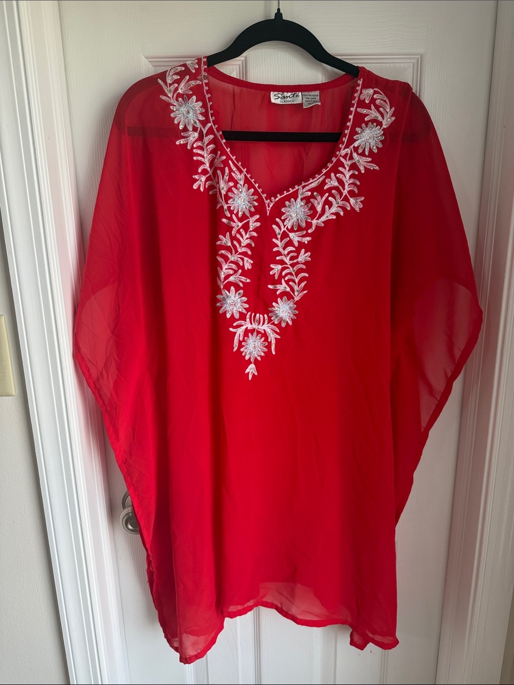 Red V-Neck Embroidered Women's Tunic Top
